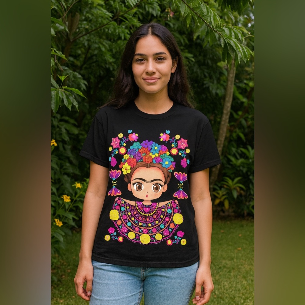 FRIDA KHALO Art Print Floral Multi T-Shirt MEXICO🇲🇽MADE 100% Cotton Size MEDIUM